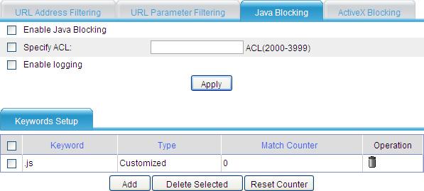 Displaying URL parameter filtering information Select Application Control > Web Filtering from the navigation tree, and then select the URL Parameter Filtering tab to enter the page shown in Figure