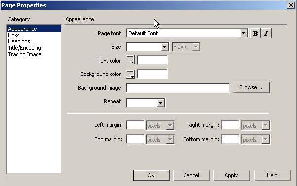 2: Properties window Changing Page Properties On the menu bar, select Modify> Page Properties or click on Page Properties in the Properties Window.