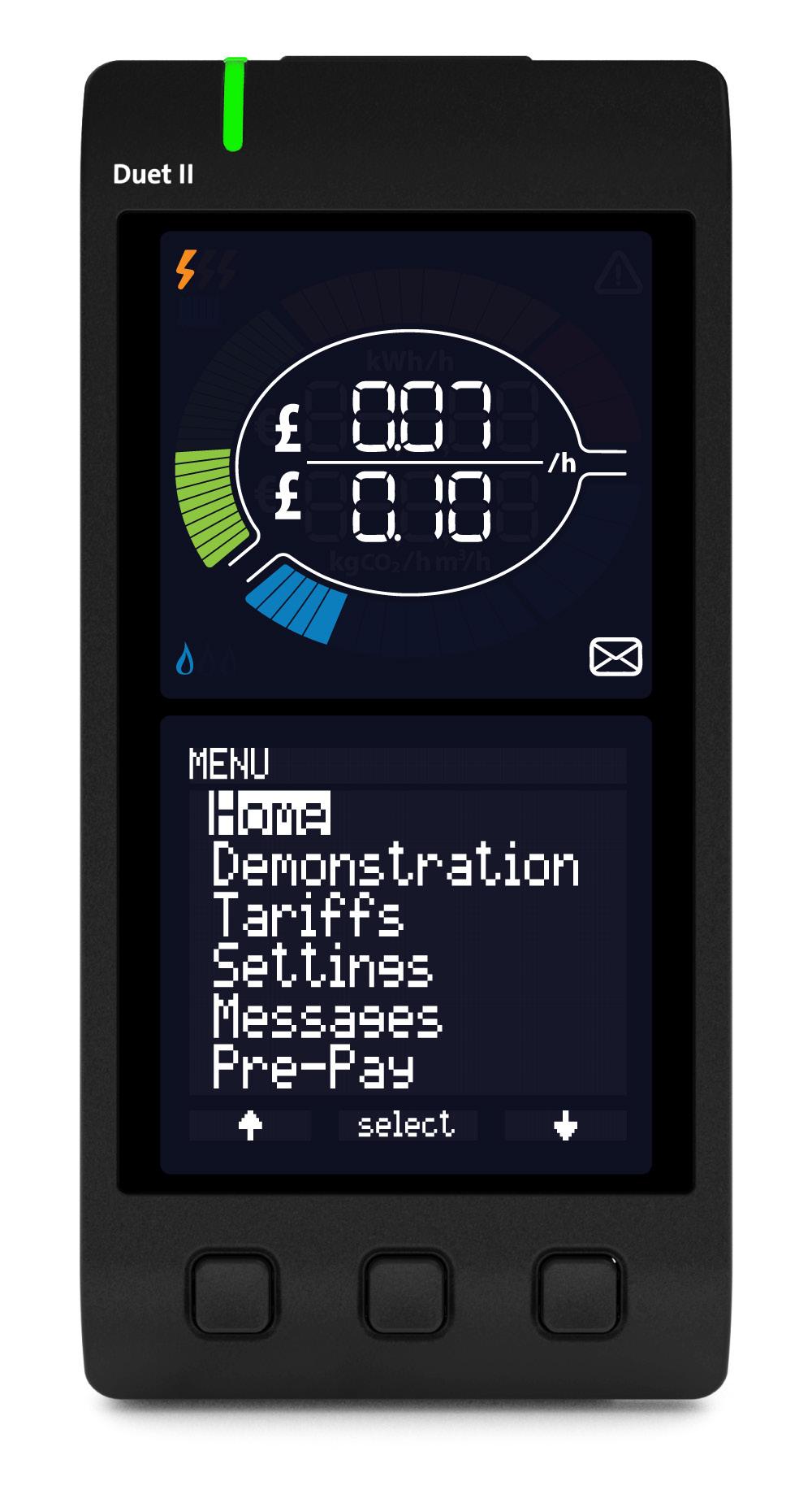 Your Duet II display Display overview Electricity tariff warning Home button Electricity tariff icons Electricity consumption Gas