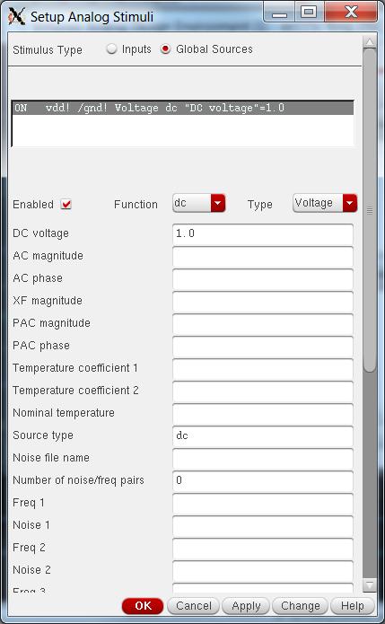 The following dialog window will pop up. Make sure vdd! is hightlighted. Click on Enabled. Set function to dc. Make sure Type is Voltage. Enter 1.0 in DC voltage.