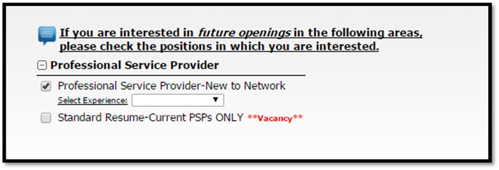 VACANCY DESIRED Select Job ID 109: Professional Service Provider