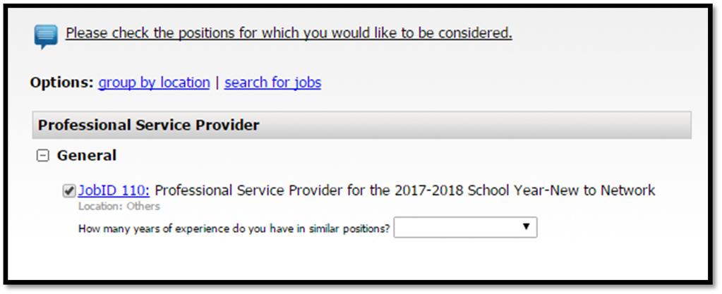 Please note: Job ID 104 is for Professional Service Providers