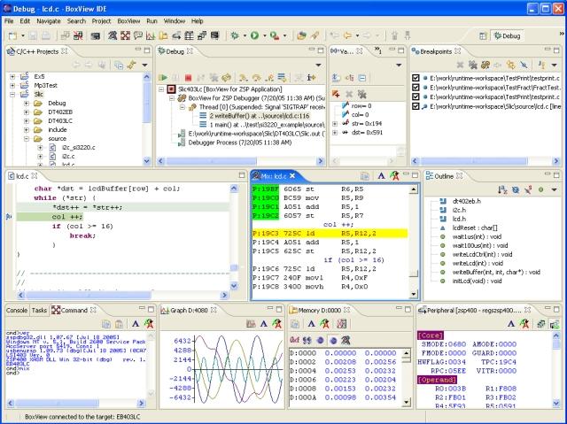 4 BoxView IDE The BoxView Integrated Development Environment (IDE) features Domain Technologies' high level language DSP target debugger as part of the Eclipse software development environment.