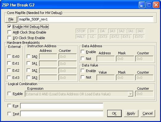 3. Select Breakpoint->Hardware Break from the BoxView Window to display the ZSP Hw Break G2 dialog.