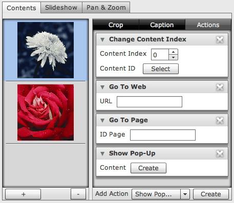 CREATING AN APP STUDIO ISSUE Actions applied to a slideshow Creating a Change Content Index action The Change Content Index action lets you change the currently displayed picture in a slideshow.