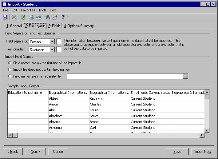 104 C HAPTER 10. Click Next. The File Layout tab appears. 11. In the Field Separators and Text Qualifiers frame, select the field separators and text qualifiers used in the import file.