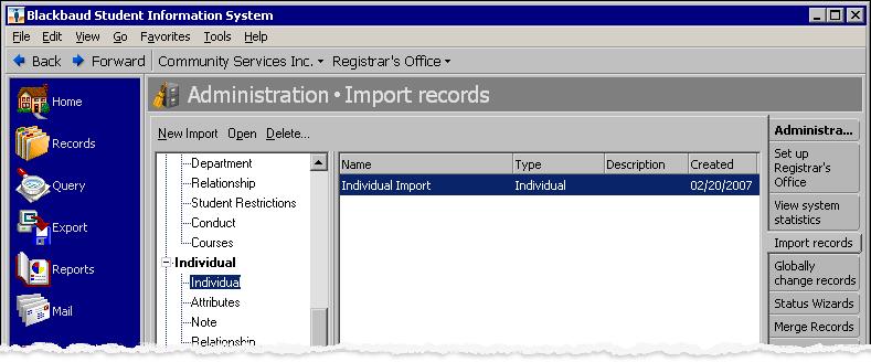 REGISTRAR S OFFICE IMPORTS 11 Importing individuals 1. On the Import records page, select the Individual import type from the tree view. 2. On the action bar, click New Import.