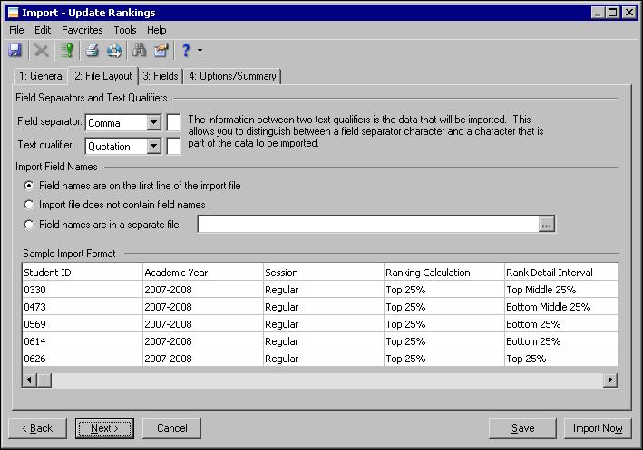 172 C HAPTER 10. Click Next. The File Layout tab appears. 11. In the Field Separators and Text Qualifiers frame, select the field separators and text qualifiers used in the import file.