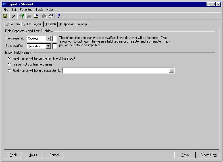 34 C HAPTER 10. Click Next. The File Layout tab appears. 11. In the Field Separators and Text Qualifiers frame, select the field separators and text qualifiers used in the import file.