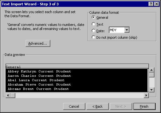 I MPORT BASICS 39 11. Click Next. The Text Import Wizard - Step 3 of 3 screen appears. 12.