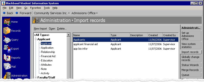 62 C HAPTER Importing applicants 1. On the Import records page, select the Applicant import type from the tree view. 2. On the action bar, click New Import.