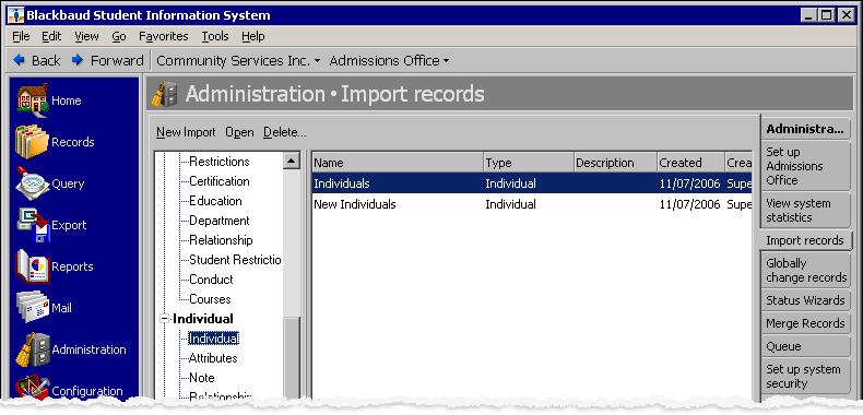A DMISSIONS OFFICE IMPORTS 75 Importing individuals 1. On the Import records page, select the Individual import type from the tree view. 2. On the action bar, click New Import.