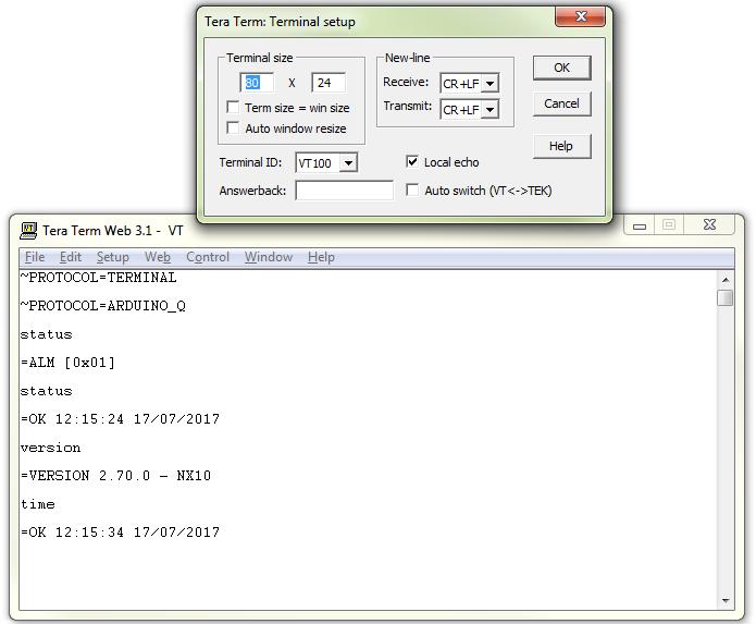 A typical setup using Tera Terminal is shown in the image below: Tera Term can be downloaded at: http://download.cnet.com/tera-term/3000-2094_4-75766675.