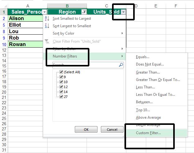 Excel 2013 Advanced Page 121 The Custom AutoFilter dialog box is displayed.