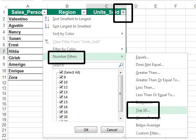 Excel 2013 Advanced Page 124 Click on the down arrow in the Units_Sold column.