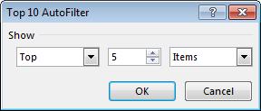 The Top 10 AutoFilter dialog box will be displayed. Change the Top value to 5, as illustrated.