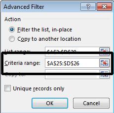 Click on the OK button and Excel will filter the list, showing only records that