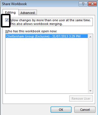 Excel 2013 Advanced Page 149 A dialog box will be displayed. Click on the OK button to continue. If you look at the Title Bar you will see that the workbook is described as shared.