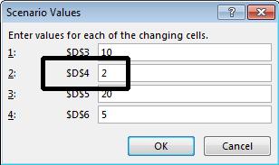 Click on the OK button and the Scenario Values dialog box will be