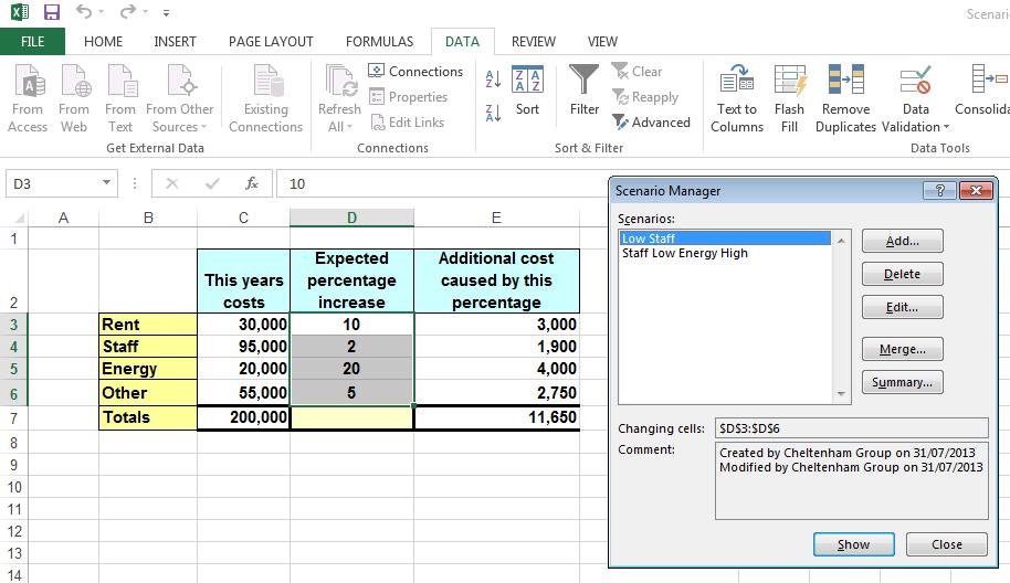 Excel 2013 Advanced Page 166 Click on the OK button to return to the Scenario Manager dialog box. Click on the Show button to see the effect of this scenario. Finally we can delete a scenario.
