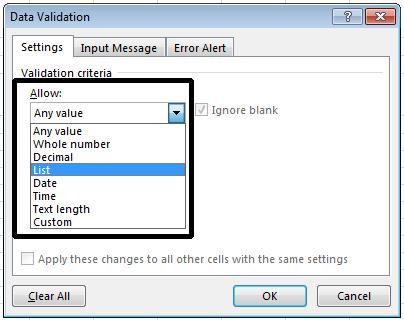 Excel 2013 Advanced Page 180 This will display the Validation dialog box. Make sure that the Settings tab is selected.