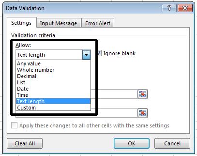 Excel 2013 Advanced Page 190 This will display the Validation dialog box. Make sure that the Settings tab is selected. Click on the down arrow within the Allow section of the dialog box.