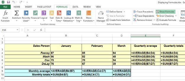 Excel 2013 Advanced Page 204 Before proceeding, re-click on the Show Formulas button to reset the display back