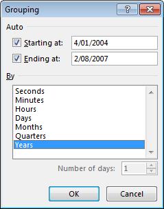 Excel 2013 Advanced Page 21 Click on Months to de-select it & then click on Years. The Grouping dialog box should now look like this.