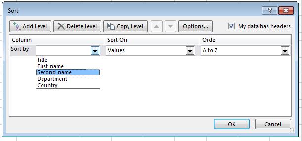Excel 2013 Advanced Page 98 Click on the Add Level button. A second sort level will now be displayed as illustrated.