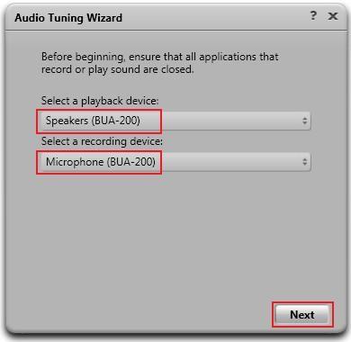 Plantronics BUA-200 USB Bluetooth Adapter is automatically detected in Microsoft Windows as BUA-200. Select this device as the Playback Device and Recording Device as shown below.