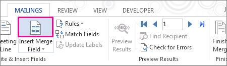 3. If you don t see your field name in the list, click the Insert Merge Field button. 4. Click Database Fields to see the list of fields that are in your data source.