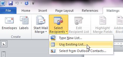 On the Mailings tab, in the Start Mail Merge group, click Start Mail Merge. Click Directory.