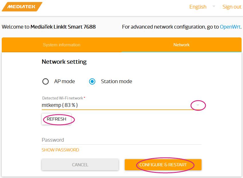 Figure 29 Change networking setting in Web UI 2) Select the Station mode and click REFRESH or downward arrow on the right to find the AP to connect to.
