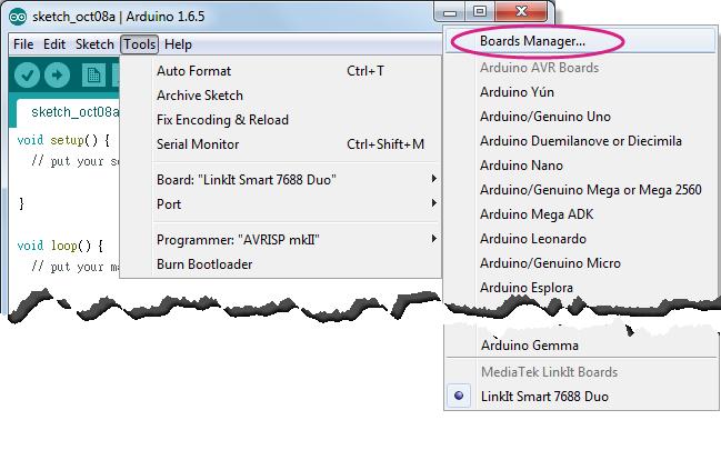 3) In the Arduino Tools menu point to Board then click Boards Manager as shown in Figure 46.