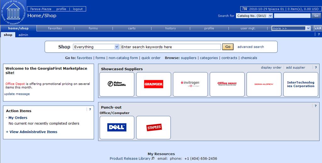Searching for Items Searching from the Purchasing Showcase The Purchasing Showcase is an area where specific suppliers are highlighted.