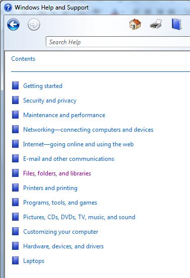There is a contents list within the Windows Help and Support.