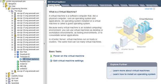 The name of the new Dell SonicWALL IBR Virtual Appliance appears in the left pane of the vsphere window.