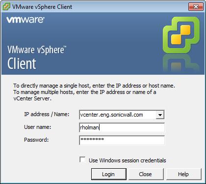 4. On the Login screen, enter IP address/name of the vcenter server, User name and