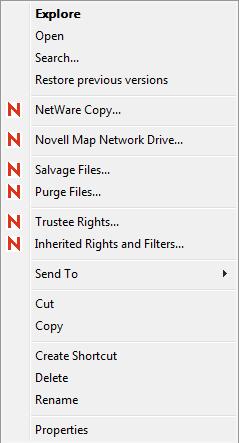 Figure 1-2 Sample Network Folder Right-Click Menu Right-click in the taskbar to see the following menu: Figure 1-3 The Novell Client Tray Application Menu The Red N icon is automatically