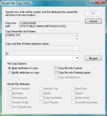 The Novell File Copy Utility dialog box appears. 4 Select the file copy options you want applied to the files you are copying.