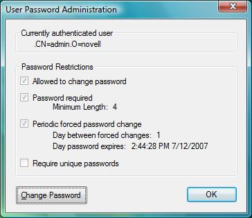 3.6.1 Using the Red N Menu to Change Your Novell Password Use the User Password Administration dialog box to view information about your password restrictions and to change your edirectory password.