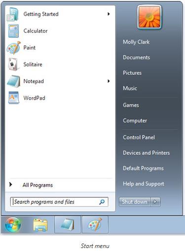 Start Menu The Start menu is the main gateway to your computer's programs, folders, and settings.