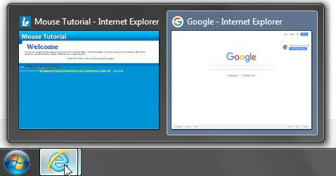 3. Point to the Internet Explorer button on the taskbar and you will see previews for both Internet Explorer windows side by side.