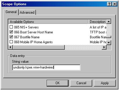 4 Set up the DHCP Server to point the hosts to the TFTP Server. a b c d In the DHCP window, navigate to DHCP > hostname > IPv4 > Autodeploy Scope > Scope Options.