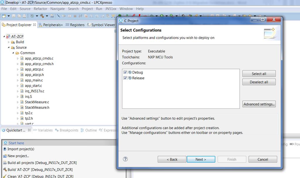 4. On the Select Configurations screen, select the Debug and Release configurations, then click Next
