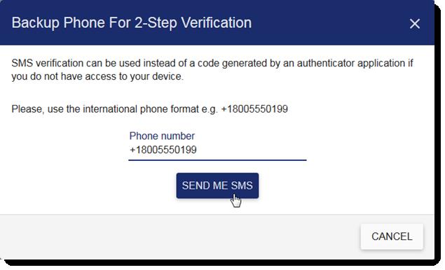 +420 377 338 901 5. Click Send me SMS. 6. Type the code you receive via text message into the Code from SMS field. 7. Click Verify and save. 4.4.4 Cannot access your authenticator?