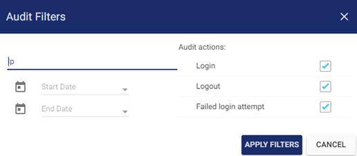 Screenshot 3: Access Audit Filters Use Audit Filters to filter trail records based on: The IP Address of user's machine or device. The time range by specifying a Start Date and an End Date.