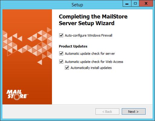 Installation 3 Auto-configure Windows Firewall If this option is enabled, the default MailStore TCP ports will be opened in the Windows Firewall by the installation program automatically.