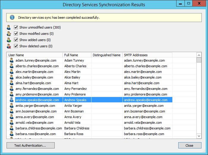 MDaemon Integration 122 Running Directory Services Synchronization Click on Test Settings to check synchronization configuration and the results returned by the MDaemon Email Server without any