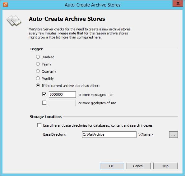 Storage Locations 133 Below the list of archive stores, click on the Create automatically... button. The Auto-Create Archive Stores dialog opens. Customize the settings as preferred.